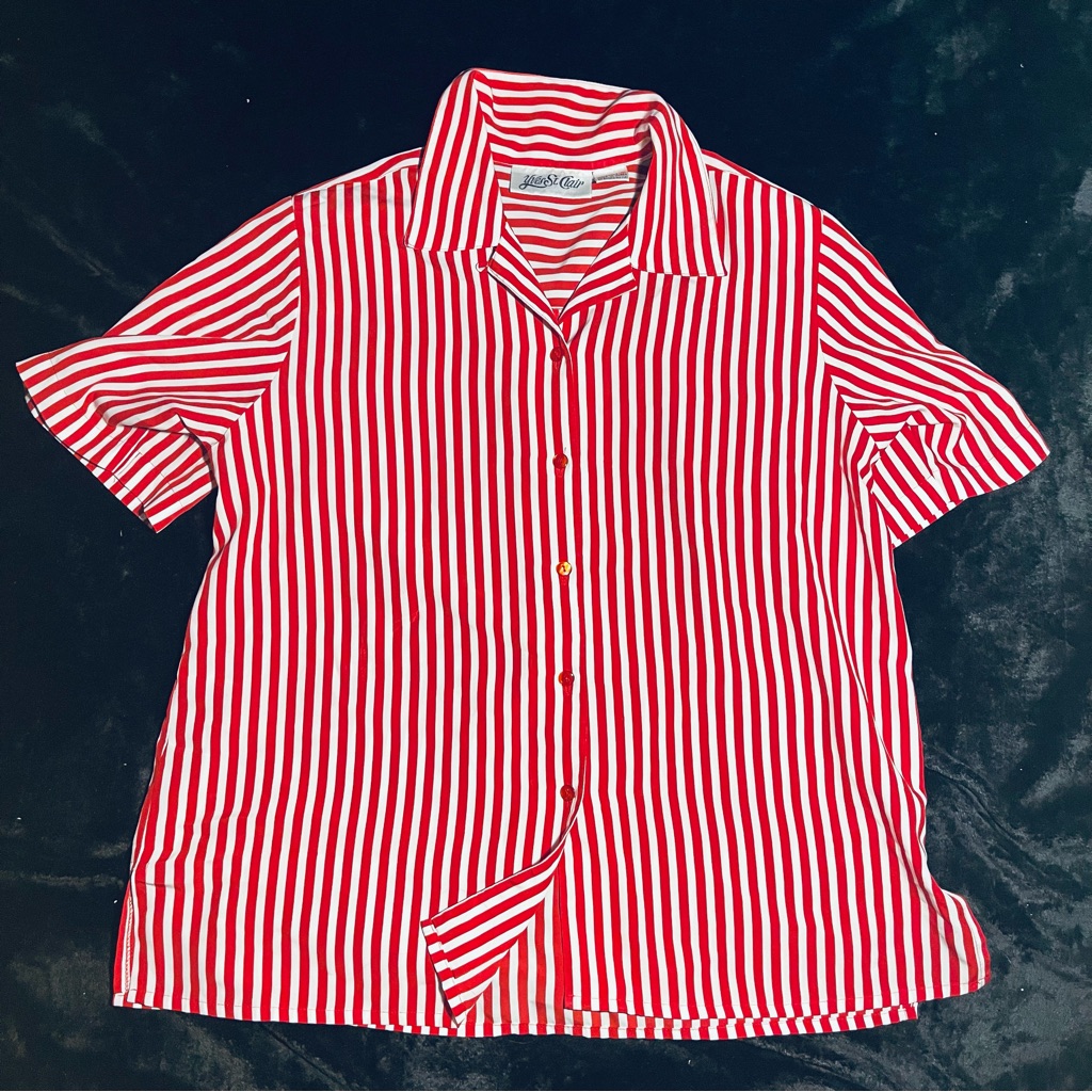 Vintage Yves St. Clair Red Striped Short Sleeved Blouse With Shoulder Pads.